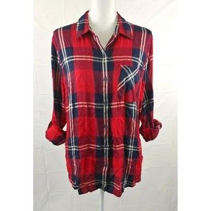 Woolrich Womens Top Sz XL Red Blue Plaid Roll Tab Sleeves Button Front
